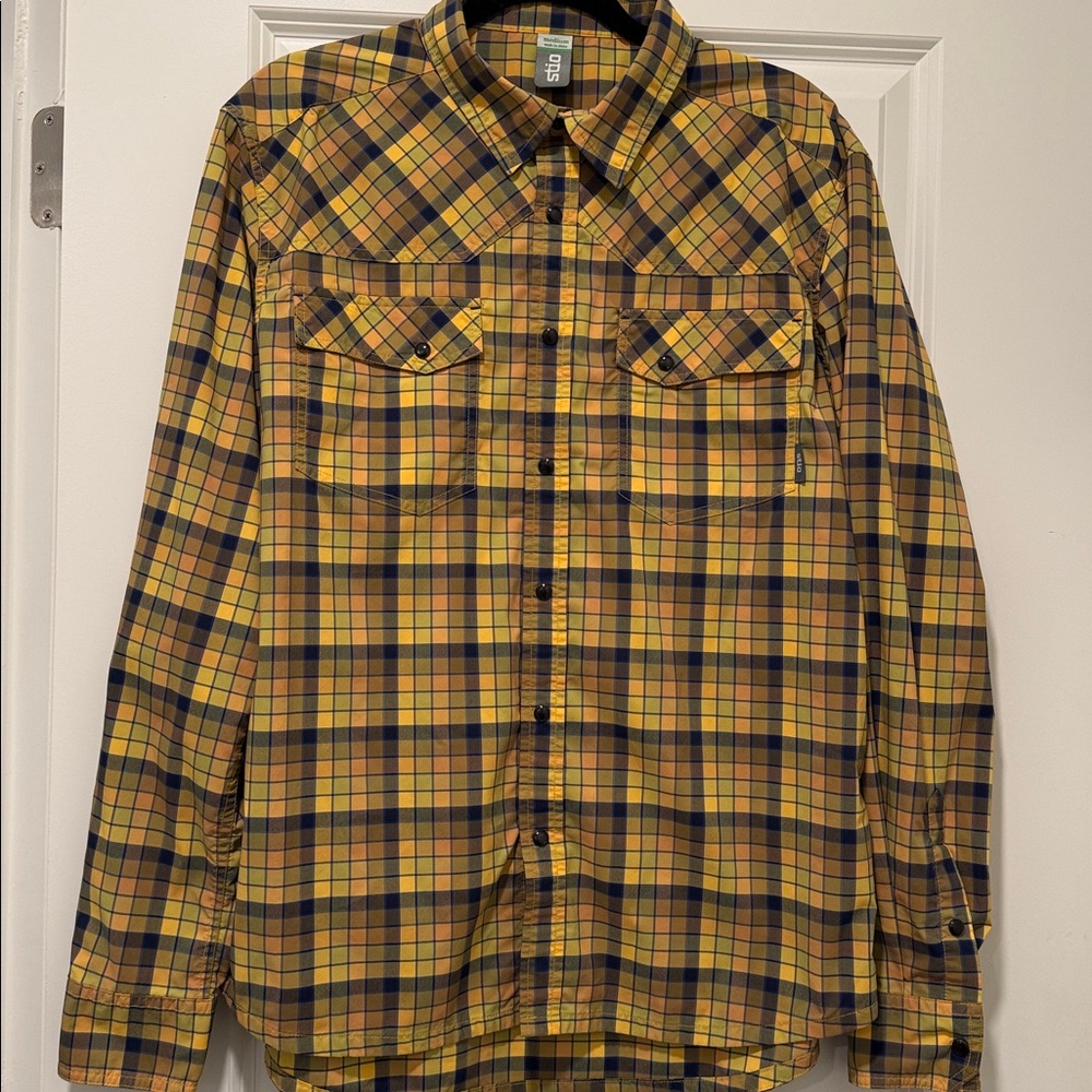 Stio Eddy Shirt Long Sleeve Pearl Snap Mens Medium M Yellow Blue Plaid
